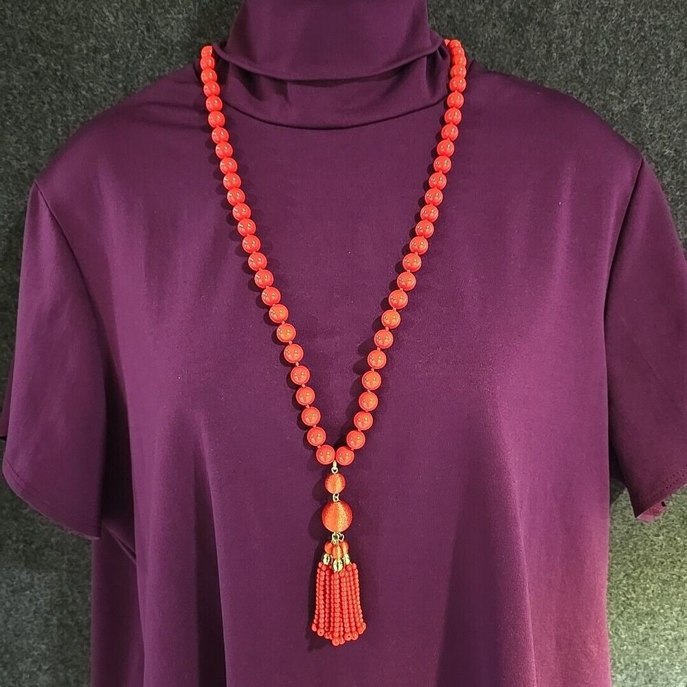 ANN TAYLOR Signed Statement Necklace Orange Beaded with 3 Seed Bead Tassels